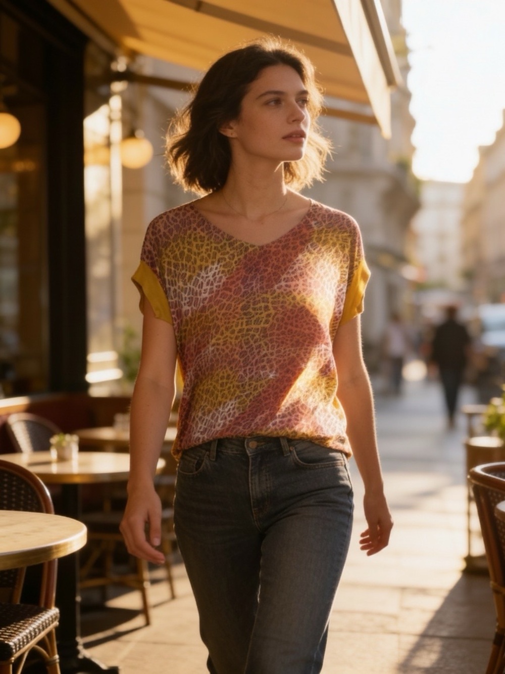 Casual Fall Top Size 38 in Mustard, Pink and Camouflage Brown Pattern